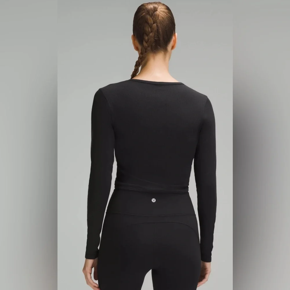 Lululemon Wrap-Front Ribbed Long-Sleeve Top Black Sz 10 - Picture 2 of 5